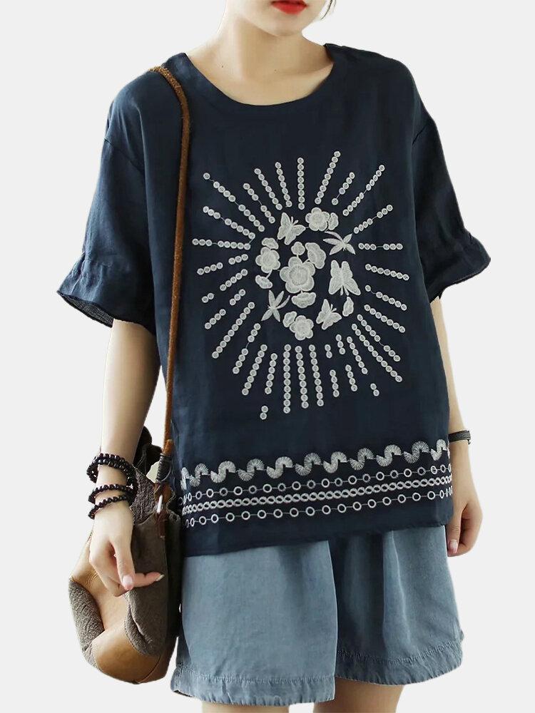 Flower Embroidery Half Sleeve Loose T-shirt For Women