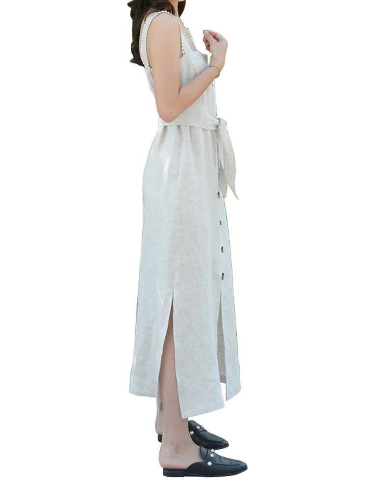 Vintage Straps Suspender Button Down Slit Shirt Dress